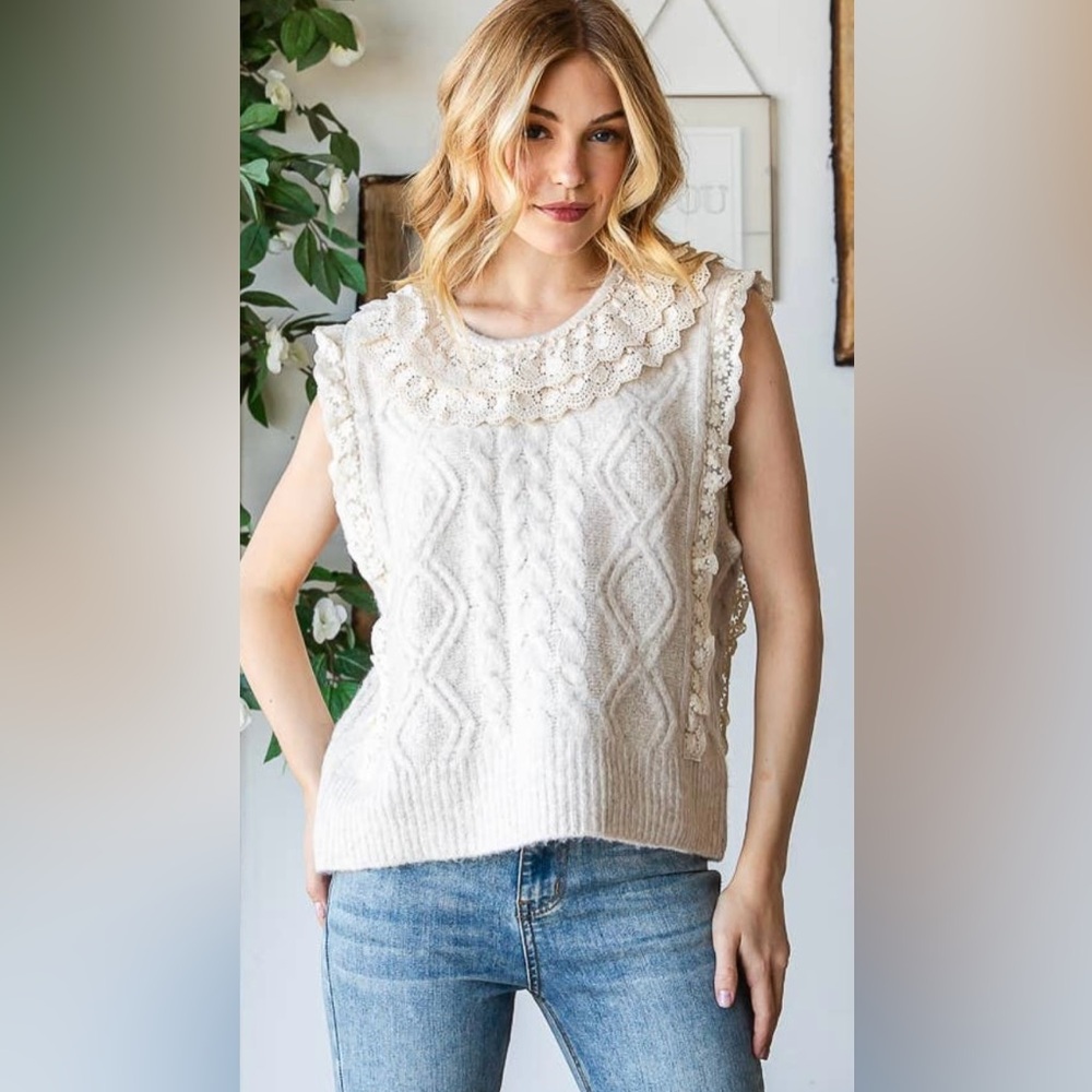Oli & Hali cable knit sweater vest with floral lace